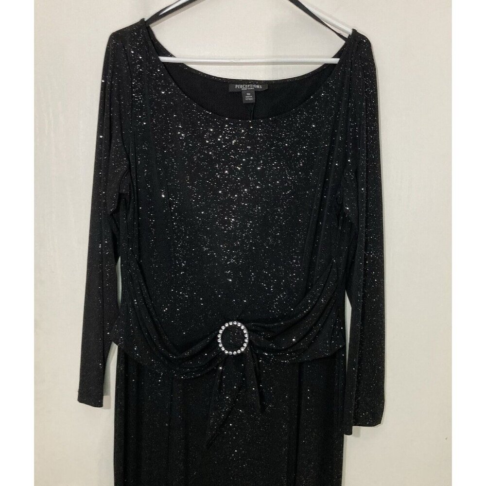 Perceptions New York Women’s Size 18 Black Glittery Belted Stretch Midi Dress - Picture 2 of 7